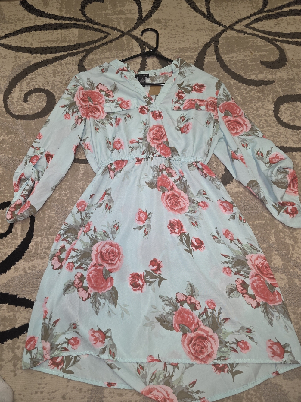 Justify Floral V-Neck Long Sleeve Midi Dress in Light Blue and Pink